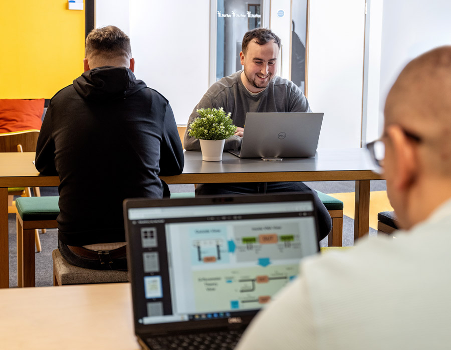 People coworking at the benches